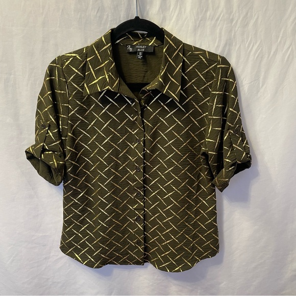 Ashley Blue Tops - Corporate Metallic Geometric Short Sleeve Cuffed Button Front Shirt Small Office